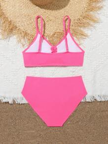 Conjunto De Bikini Con Pliegues Y Costillas Fruncidas Para Niñas En Edad Intermedia - Rosa Fucsia - Ver 2