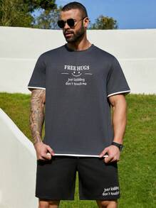 Manfinity Homme Men's Plus Size 2pcs/Set Short Sleeve T-Shirt And Shorts With Two Slogans And Face Design