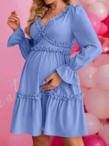 SHEIN Thai sản Cổ chữ V Tay áo chuông Đầm - Màu xanh lam - Xem 6