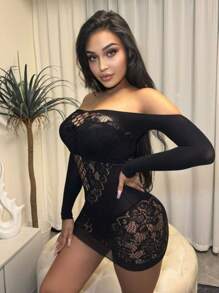 ChaseTheNight Plus Size Women's Sexy Lingerie Mesh Skirt With Round Neck