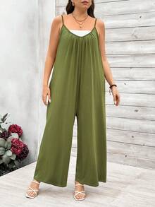 SHEIN LUNE Mono Informal Sin Mangas Con Tirantes Espagueti Para Mujer De Talla Grande - Verde militar - Ver 3