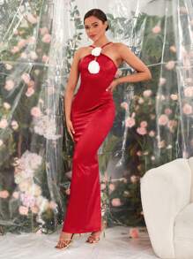 SHEIN BAE Vestido De Dama De Honor De Cuello Alto Decorado Con Flores En El Cuello Halter Y Abertura En El Dobladillo - Rojo - Ver 6