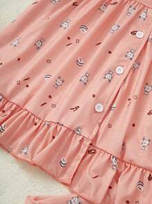 Tween Girls' Orange Cute Little Cat Printed Loose Fit Elegant 2pcs Homewear Set With Short Sleeve Top And Pants - Orange - View 4