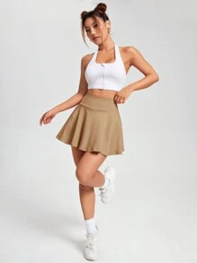 SHEIN EZwear Women's Knitted Skorts With Anti-Exposure Shorts - Khaki - View 4