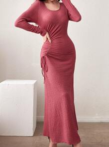 Modelyn Women Dresses Kolor Ruched Split Thigh Plain Casual - Hot Pink - View 3