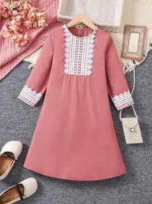 SHEIN Ramadan MŁODA dziewczyna koronkowa różowa sukienka z długim rękawem