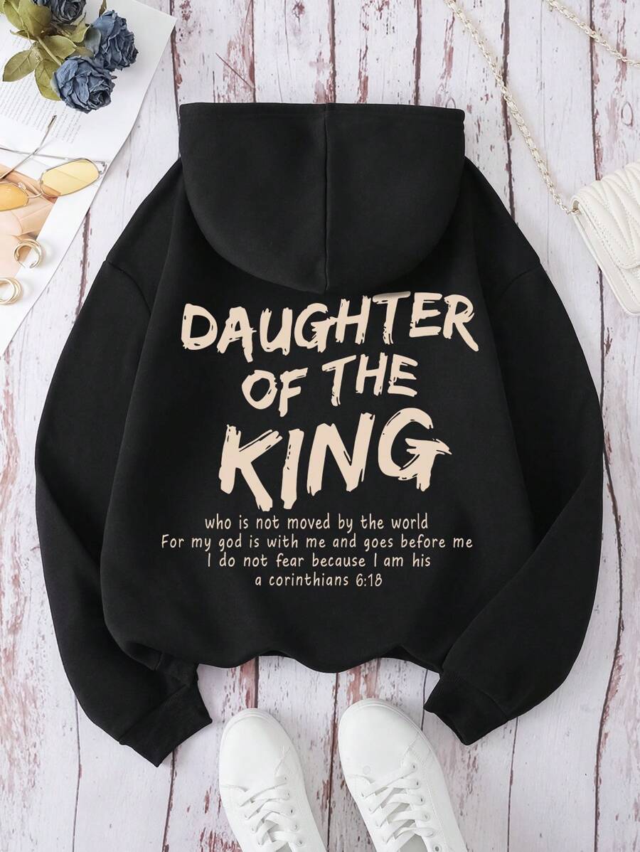 SHEIN EZwear Slogan Graphic Kangaroo Pocket Drawstring Thermal Lined Hoodie - Black - View 1