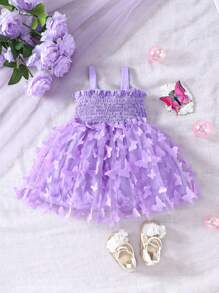 Baby Girl Butterfly Appliques Contrast Mesh Cami Dress - Mauve Purple - View 2