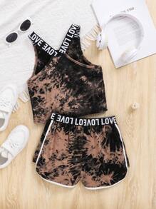 SHEIN Tween Girls' Sports Tie-Dye Letter Printed Strap Shorts Set Concert Outfit - Multicolor - View 2