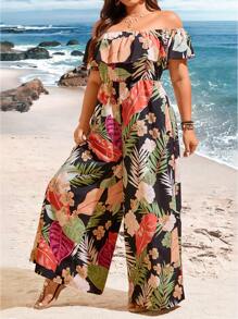 Breezaya Women's Plus Size Plant Printed One Shoulder Jumpsuit