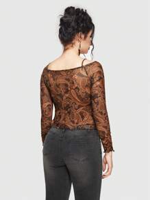 ROMWE Goth Của phụ nữ Áo Peplum Cami Với Off Shoulder Dây đeo Và In hoa Paisley Lưới Chất vải - màu nâu - Xem 5