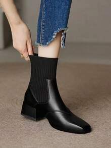 切尔西高跟踝靴女款春秋季新款弹力靴粗跟细筒袜靴 - 黑色 - 查看 2