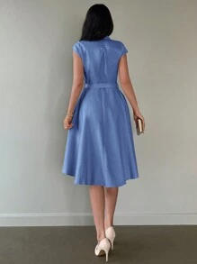 EURMUSE Solid Belted Shirt Dress - Blue - View 2