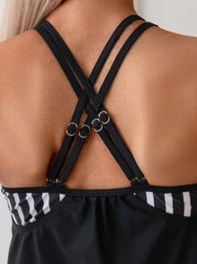 SHEIN Swim Women's Striped Tankini Swimwear With Double Shoulder Straps Summer - Black and White - View 4