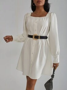 GENKIRA Women's Square Neck Long Sleeve Dress Without Belt - White - View 3