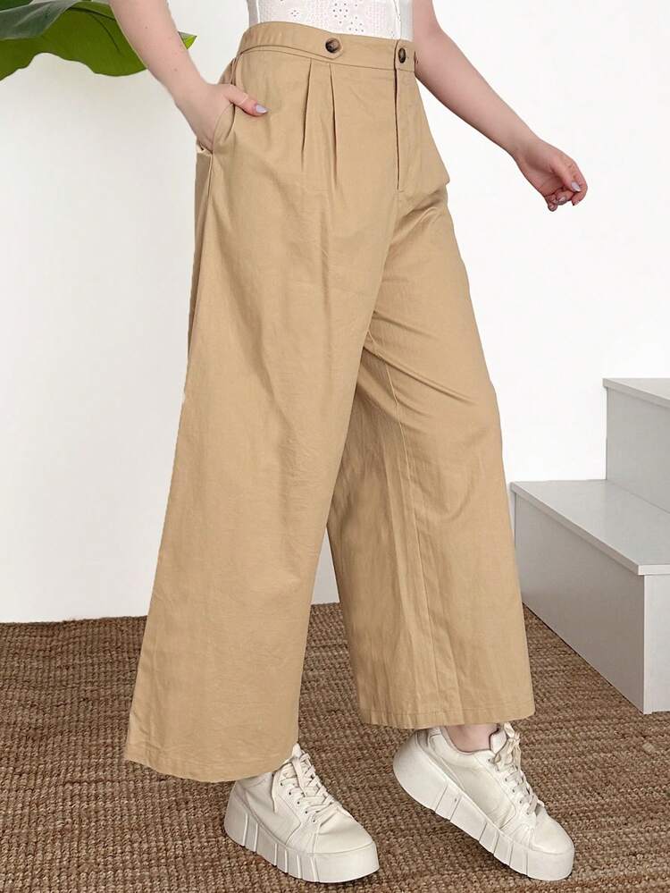Plus Size Solid Color Button Decoration Long Pants