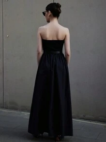 Siren Gaze Women's Summer Black Top-Tight And Bottom-Wide Knitted Splicing Woven Casual Dress With Side Pockets