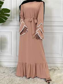 Vestido De Mujer Con Mangas Acampanadas En Bloques De Color - Rosa - Ver 3