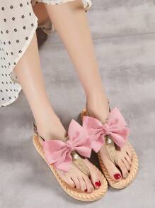带蝴蝶结的女士凉鞋，女士人字拖凉鞋平底凉鞋平底角斗士凉鞋露趾正装鞋 - 粉色 - 查看 3