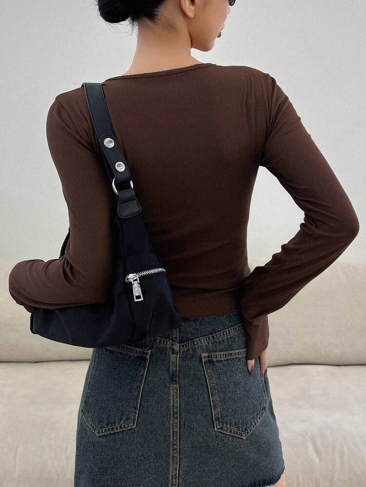 Henley Neck Long Sleeve T-Shirt With Ribbed Detail,Fall Clothes