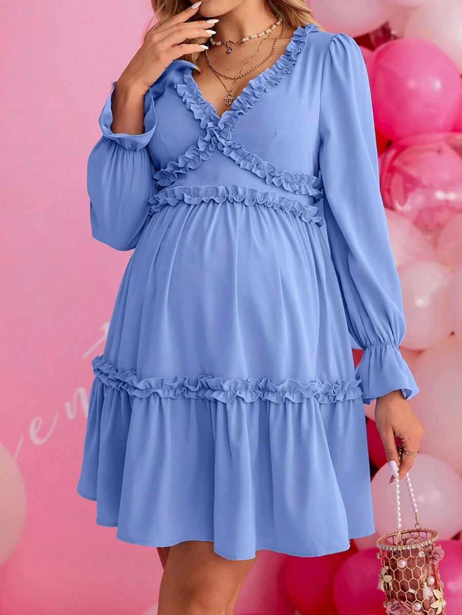 SHEIN Thai sản Cổ chữ V Tay áo chuông Đầm - Màu xanh lam - Xem 1