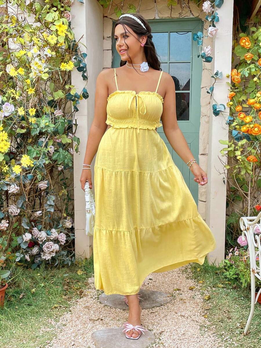 Dreamara Plus Size Women's Frill Edge Spaghetti Strap Dress - Yellow - View 1