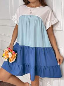 SHEIN SunnyBelle Round Neck Decorative Patchwork Dress - Multicolor - View 3