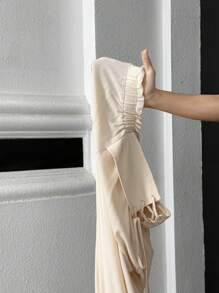 SHEIN Essnce 大尺碼女士新款夏季時尚休閒假期杏色寬腿褲 - 杏色 - 查看 6