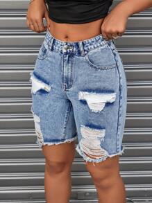 SHEIN ICON Women's Distressed Denim Shorts - Blue - View 3