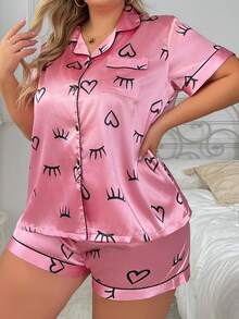 Women's Plus Size Heart Eyelash Pattern Printed Imitation Silk Pajama Set - Hot Pink - View 5