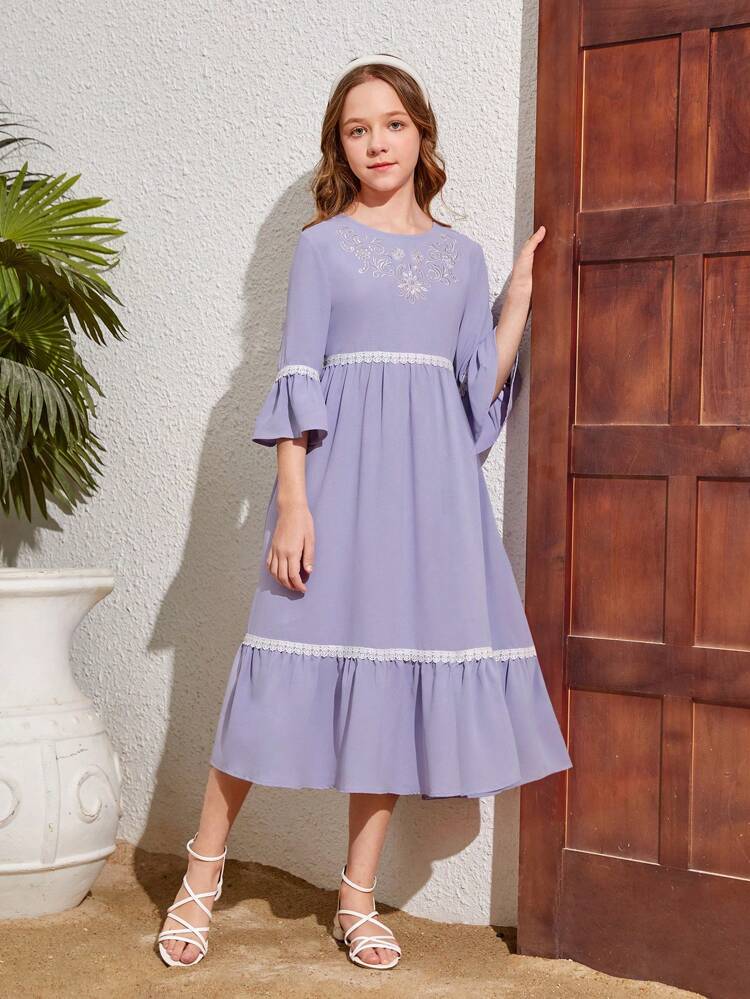 Tween Girl Embroidered Round Neck Loose Casual Vacation Dress