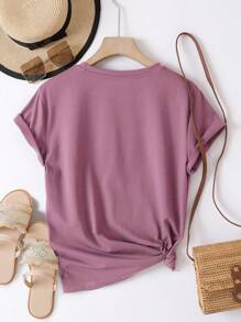 INAWLY Camiseta de talla grande con cuello redondo y estampado creativo, Camiseta gráfica para mujer "NO CUELGUE" para verano - Púrpura malva - Ver 2