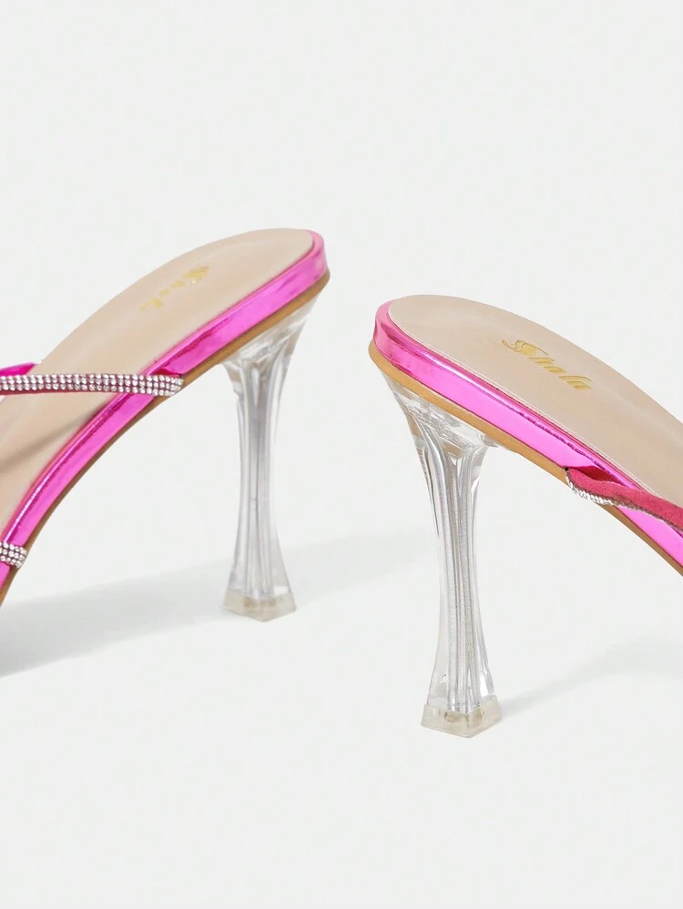 Pink Cross Strap Square Neck High Heel Sandals