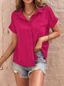 SHEIN LUNE Solid Color Short Sleeve Shirt For New Year Clothes - Rose Red - View 6