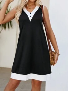 SHEIN LUNE Của phụ nữ Cổ chữ V Không tay Khối màu Đầm - Đen và trắng - Xem 3
