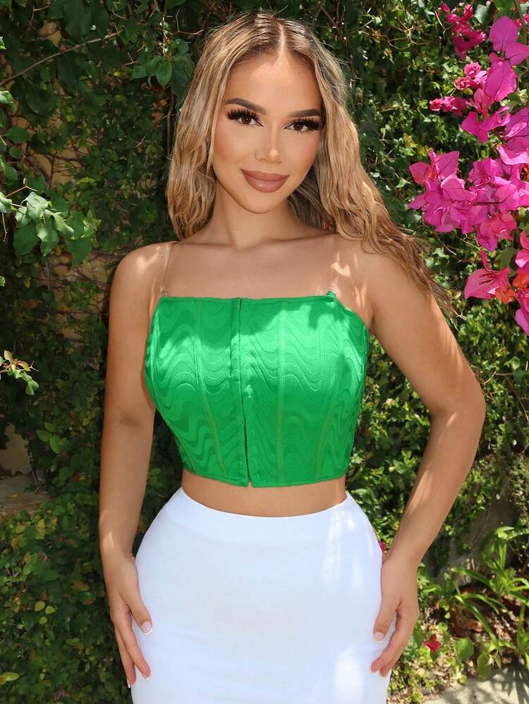 Valentine's Day Ladies Sexy Green Knitted Jacquard Wavy Texture Hot Girl Sleeveless Tube Top High Elastic Short Tight Tube Top  Corset Adjustable Hook Button Top