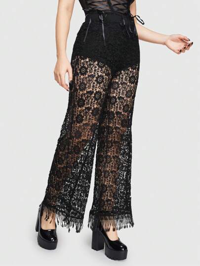 Pantalon Large Pour Femme À Style Boho Gothique, Avec Ourlet En Dentelle Soluble Dans L'eau, Panneau En Maille Et Détails De Gland
