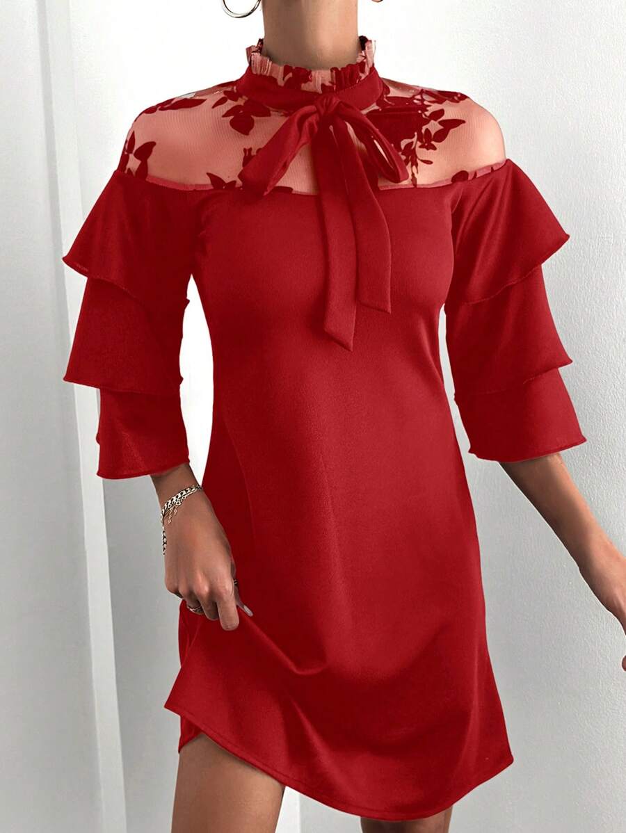 EURMUSE Women's Belted Plant Mesh 3/4 Sleeve Dress - Red - View 1