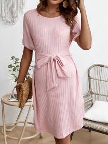 SHEIN Thai sản Mùa hè Ngày lễ Lỏng lẻo phù hợp Độ dài của đầu gối Đầm Với Tròn Đường viền cổ áo - Hồng - Xem 4
