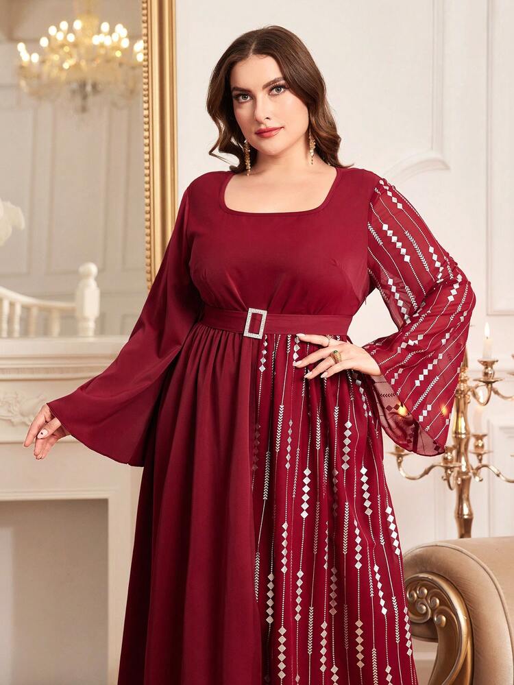 Burgundy Red Plus Size Geometric Pattern Flare Sleeve Asymmetrical Hem Dress Long Evening Dresses