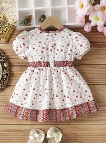 SHEIN Đầm bé gái giản dị, thanh lịch, phong cách cổ điển Váy ngắn tay bong bóng có in hoa, còng thun và dây thắt lưng - Nhiều màu - Xem 2