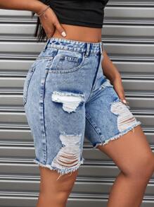 SHEIN ICON Women's Distressed Denim Shorts - Blue - View 5