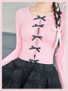 SHEINNeu Balletcore 甜美镂空丝带蝴蝶结蕾丝花边长袖粉色 T 恤生日女士服装春季女士衣服 - 粉色 - 查看 6