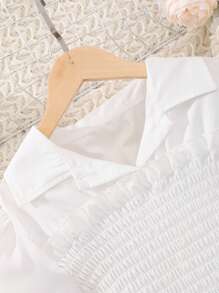少女純色短版正面繫帶短袖襯衫 - 白色 - 查看 5