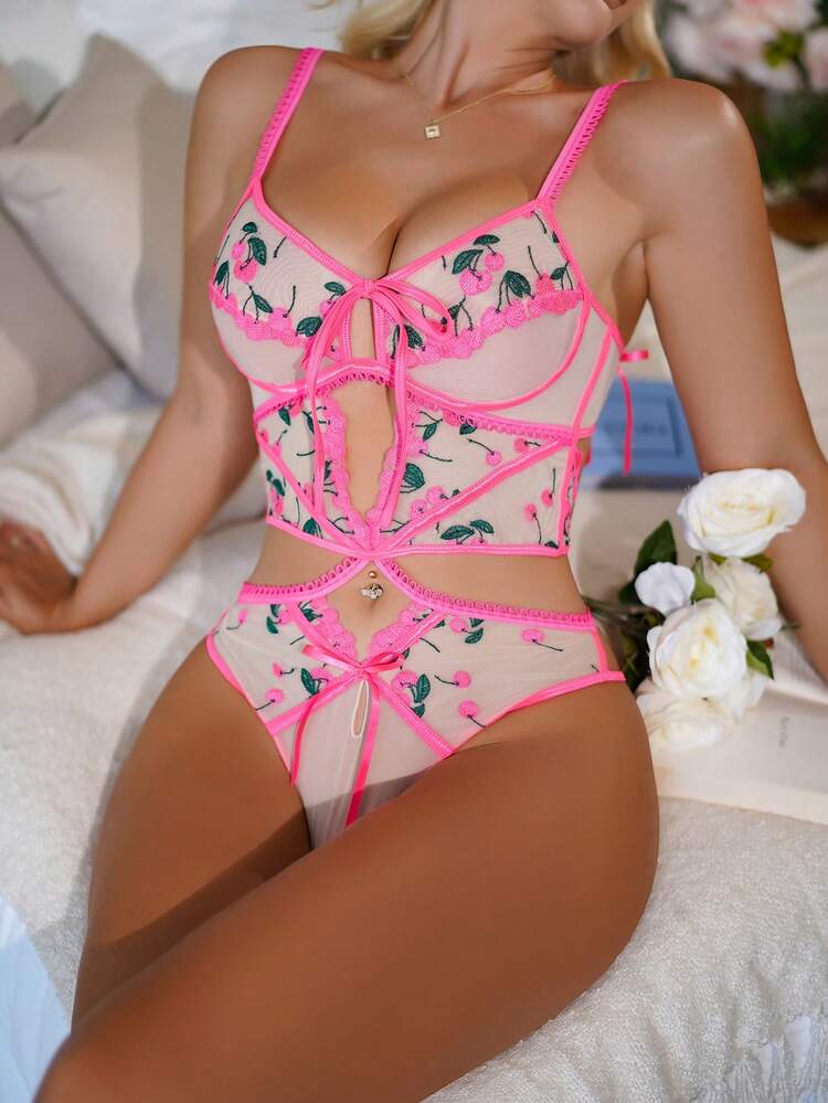 Women's Sexy Floral Embroidered Front Lace-Up Bodysuit Lingerie