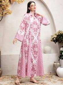 Al Najma Arabic Style Long Sleeve Dress With Paisley Print - Pink - View 8