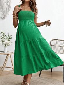 SHEIN Maternity Casual Cami Midi Dress With Shirred Tie Design - Green - View 5