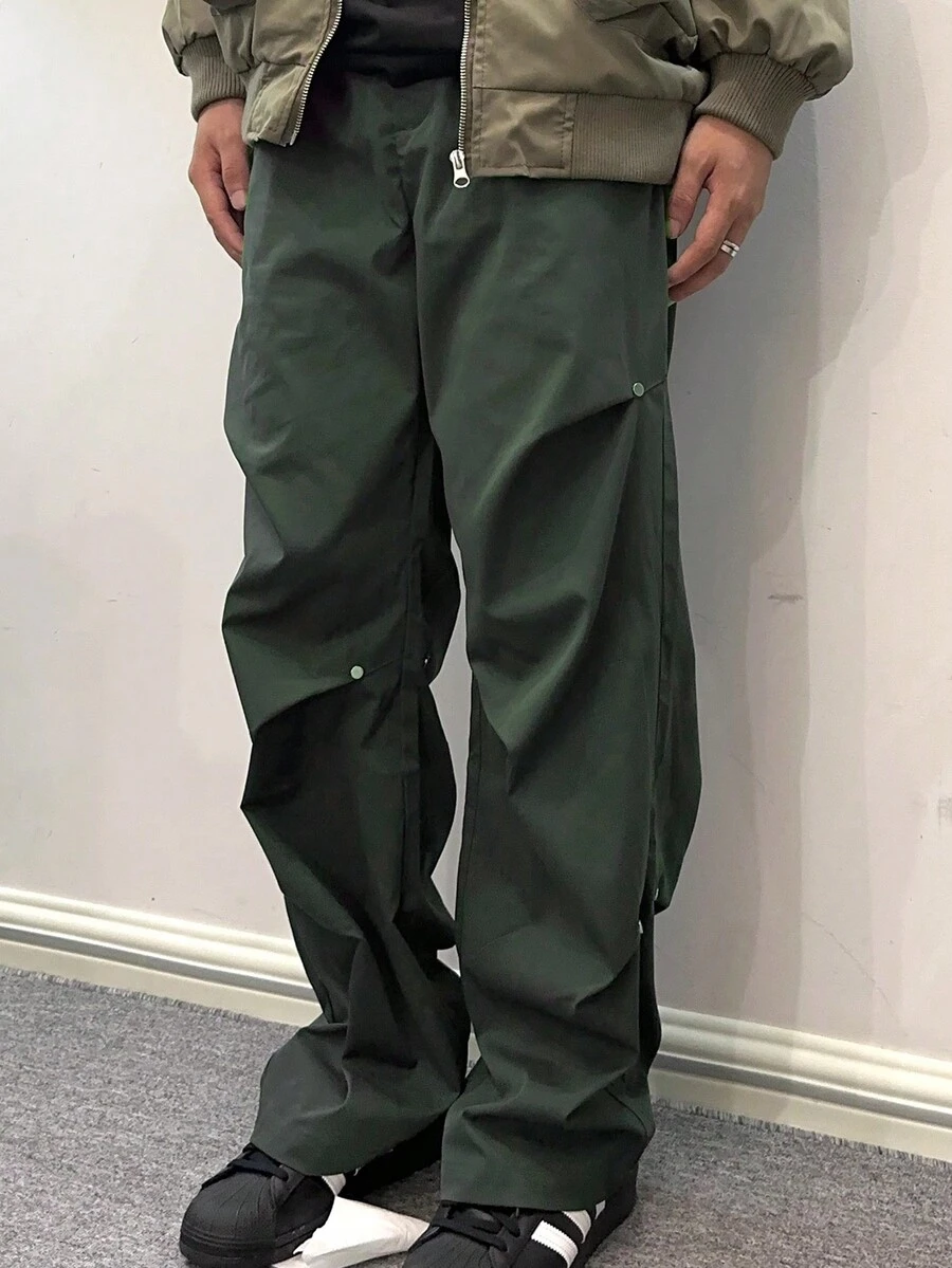 Manfinity Hypemode Pantalones De Paracaídas Con Cintura Con Cordón Para Hombre - Verde militar - Ver 1