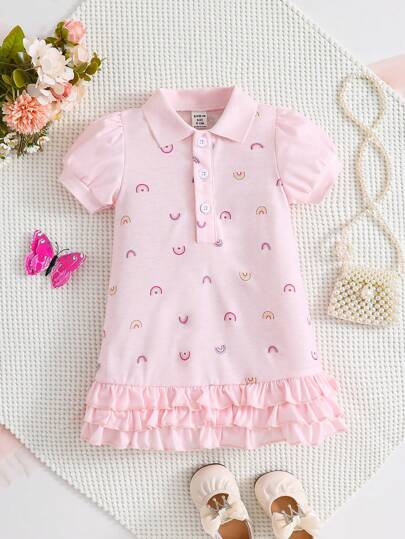 SHEIN Playful Pals 嬰兒女孩休閒運動簡約日常基礎可愛彩虹圖案印花多層荷葉邊連身裙,適用於春夏季節