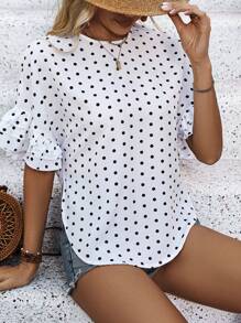 SHEIN Clasi 圓領圓點印花上衣,多層褶邊和袖口設計 - 白色 - 查看 1